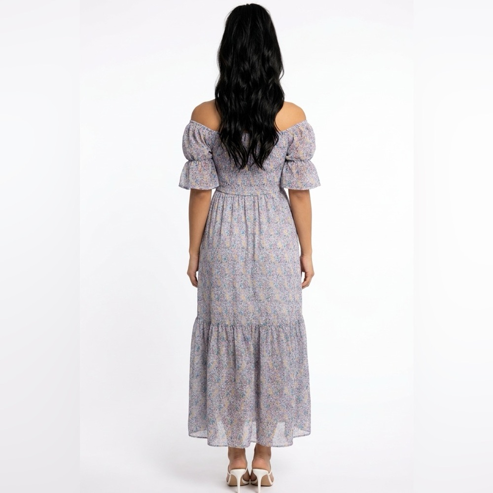 Just Me Maxi Dress Womens Size S Purple Floral Off Shoulder Puff Sleeve - Picture 6 of 7